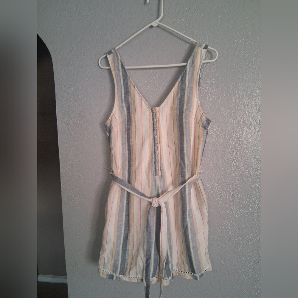 American Eagle Striped Multi Color Cotton Linen Blend Romper MT - Picture 2 of 8